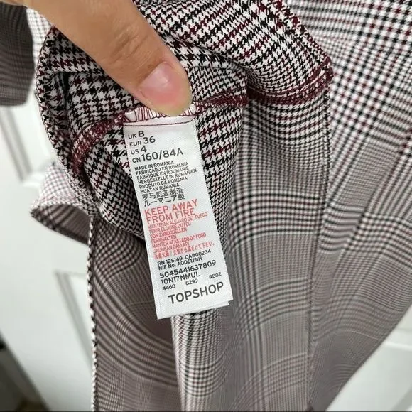 Topshop NEW Houndstooth Front Tie Plaid White Red Mini DresS Size 4 - Picture 9 of 16